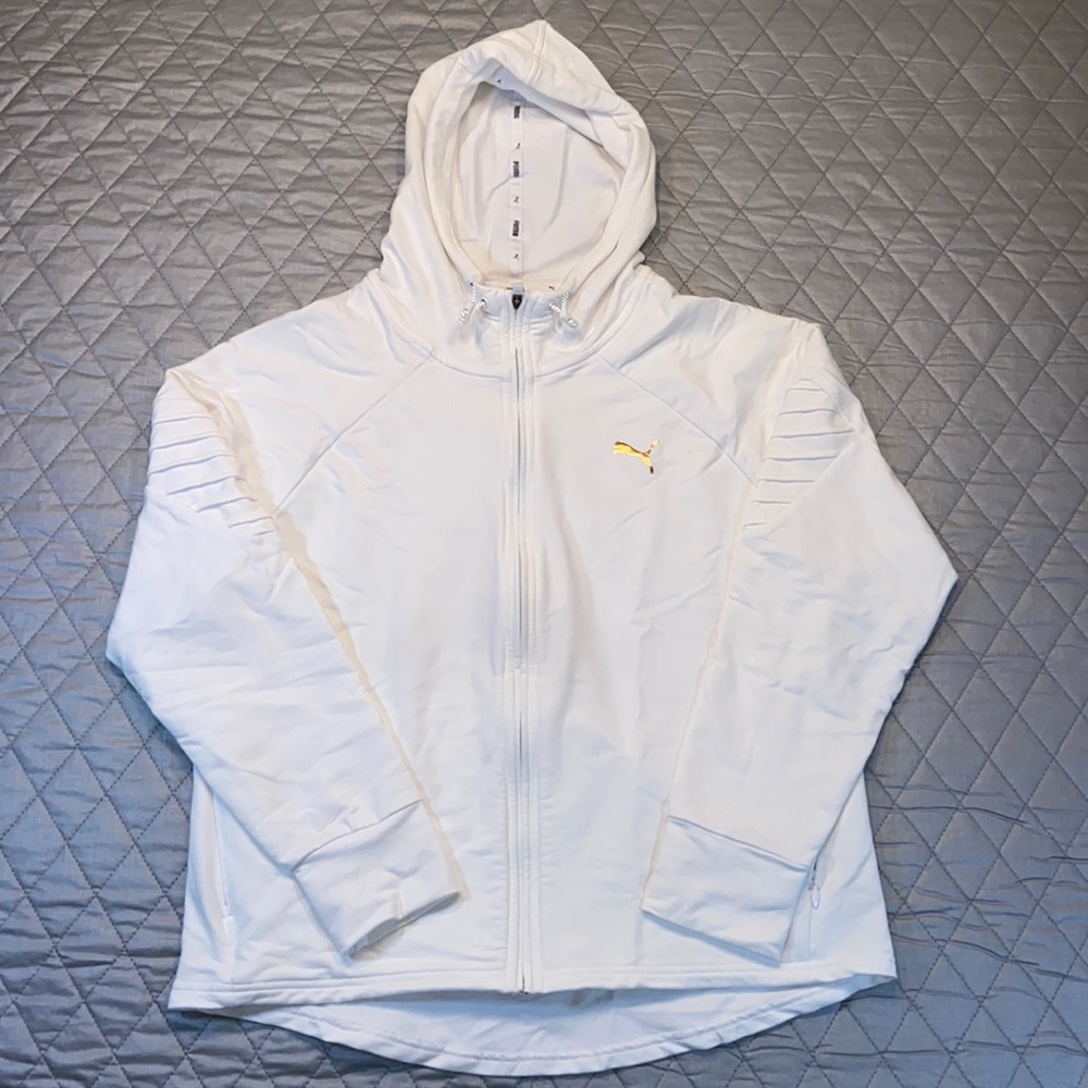 PUMA front zip white jacket with hood. Size Large. Hi-Lo Hem. Like New.